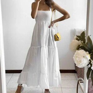 Zara Voluminous Cotton Poplin Maxi Dress NWT Smocked White Size Medium